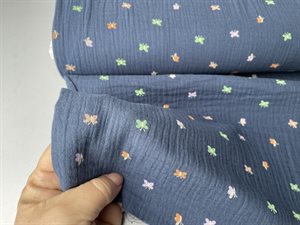 Gauze - florlet dobbelt gauze i mørk jeansblå med søde sommerfugle